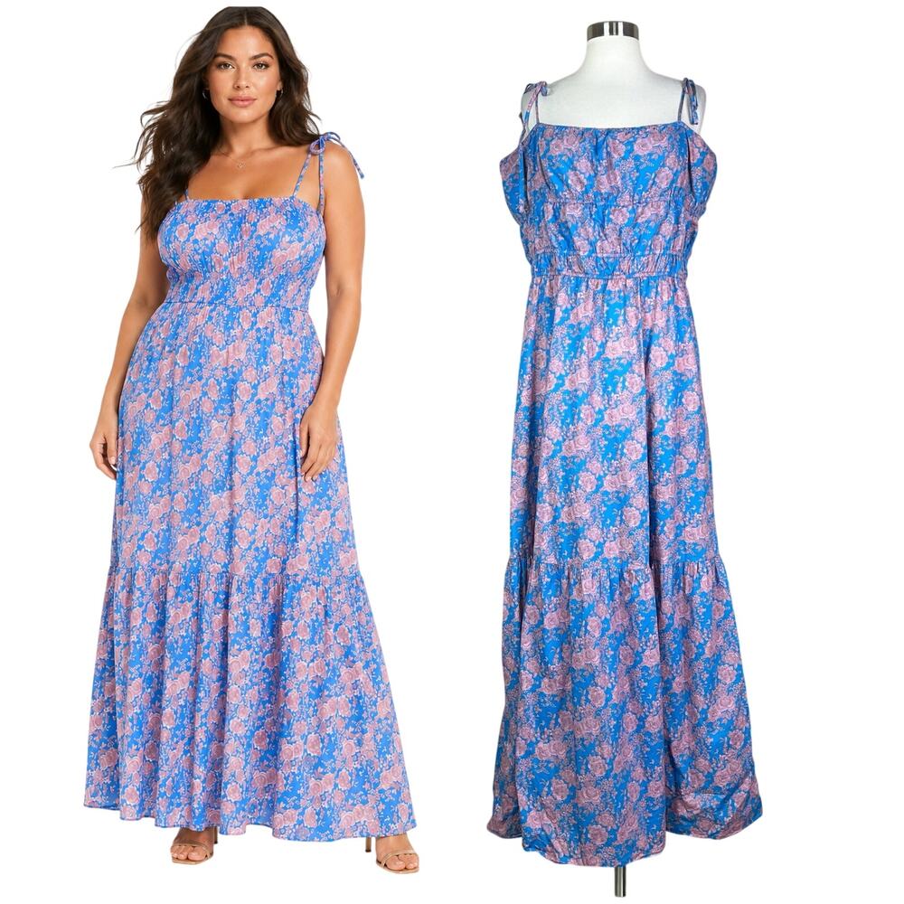 Anthropologie | Cynthia Rowley Azores Blue Pink Floral Cotton Maxi Dress Plus 2X